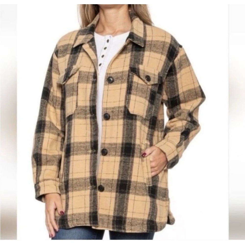 Women's Lucky Brand Beige & Black Buffalo Plaid Very Oversized Jacket Size S